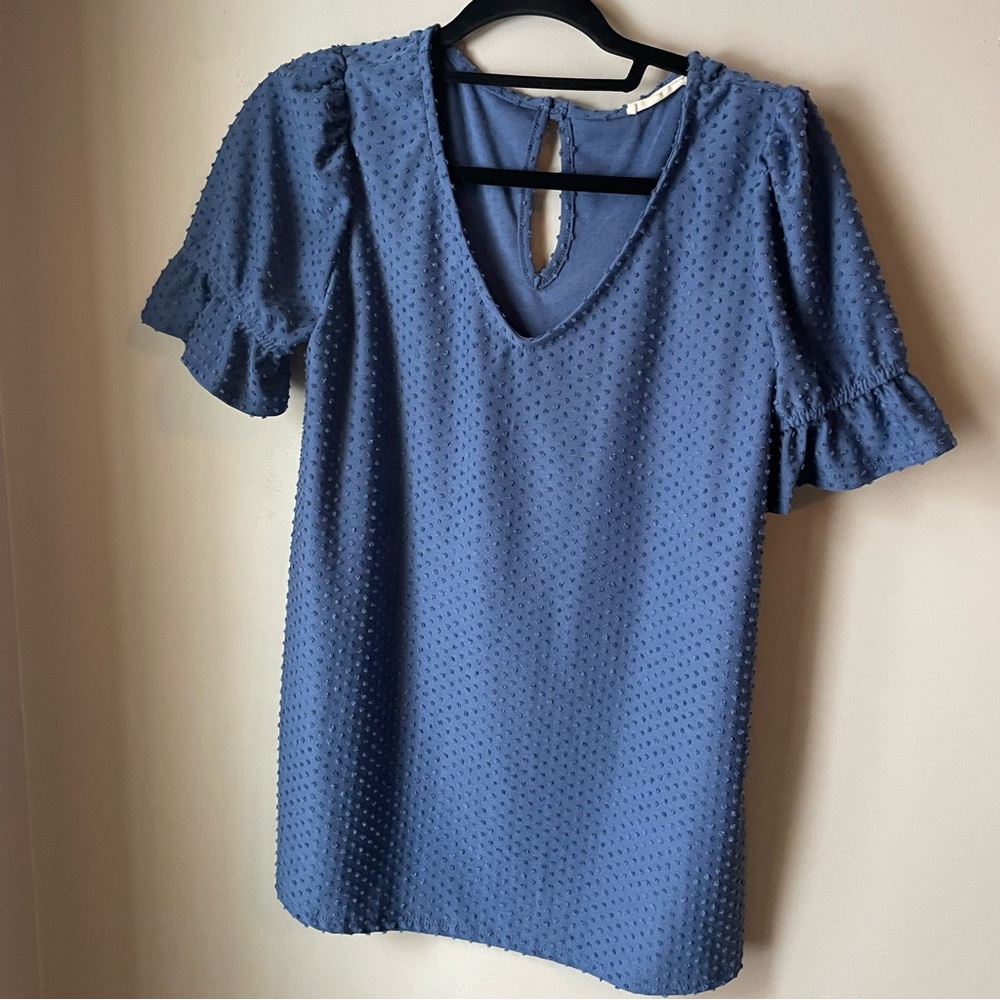 PinkBlush Maternity Blue Swiss Dot Ruffle Short Sleeve Top